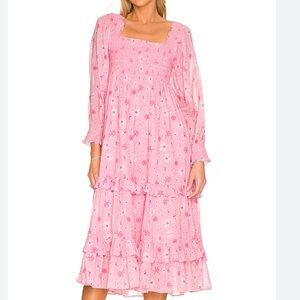 EUC LOVESHACKFANCY MIRI MIDI DRESS IN CORAL BLAZE PINK FLORAL SIZE MEDIUM LSF